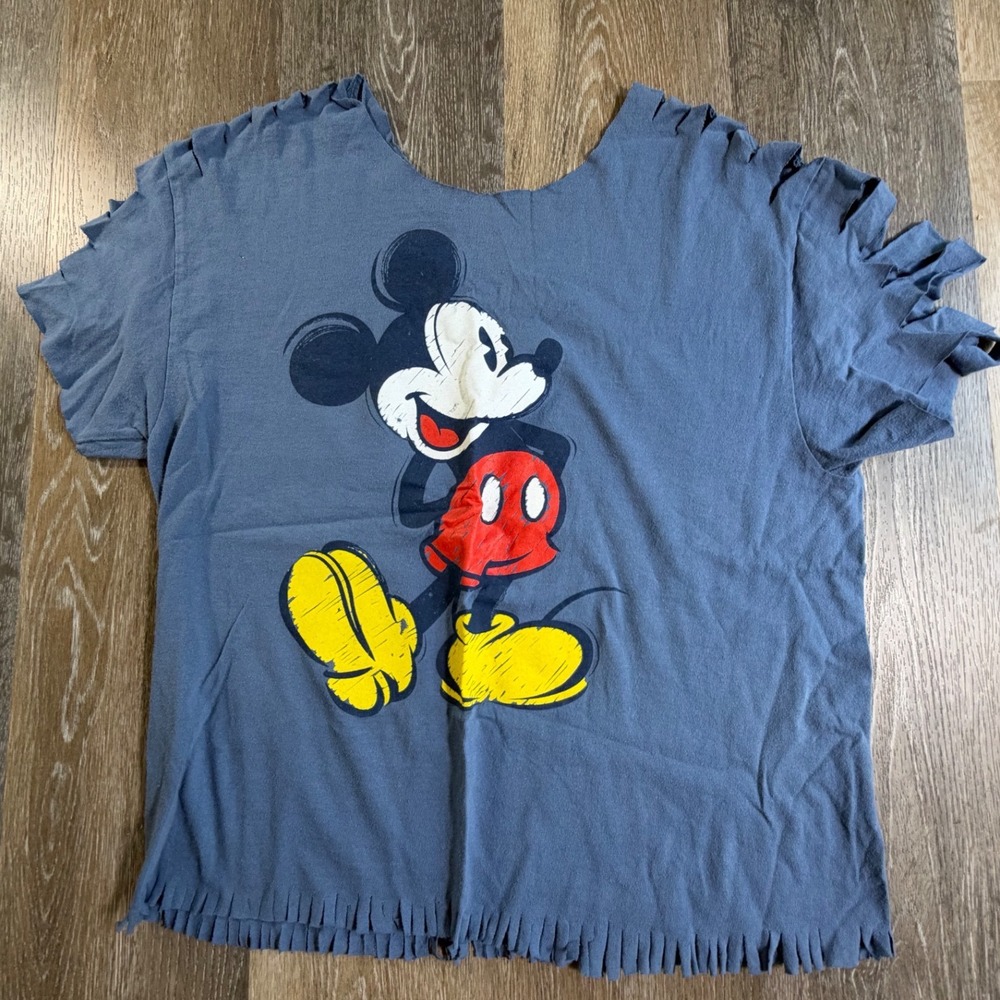 Disney Mickey Mouse T-Shirt Womens L Blue DIY Distressed Slashed Fringe Graphic